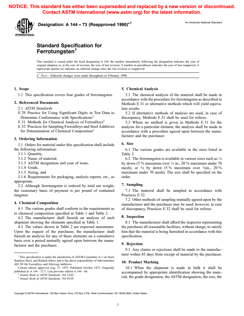 ASTM A144-73(1990)e1 - Specification for Ferrotungsten