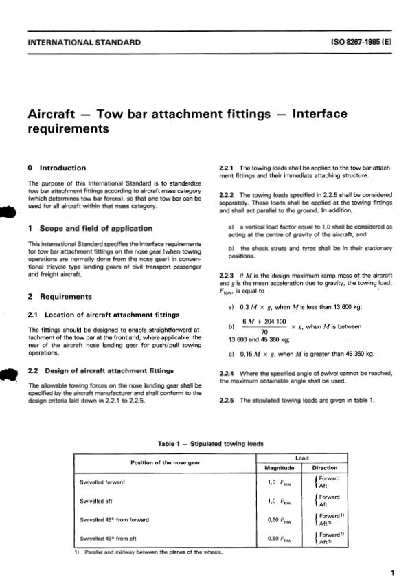 ISO 8267:1985 - Aircraft -- Tow bar attachment fittings -- Interface requirements