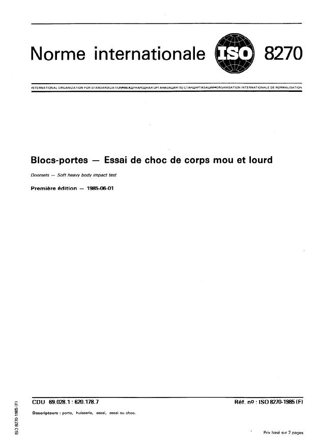 ISO 8270:1985 - Blocs-portes -- Essai de choc de corps mou et lourd