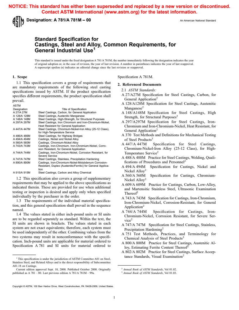 ASTM A781/A781M-00 - Standard Specification for Castings, Steel and Alloy, Common Requirements, for General Industrial Use