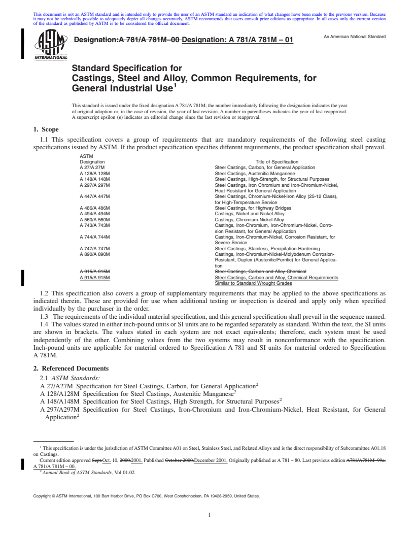 REDLINE ASTM A781/A781M-01 - Standard Specification for Castings, Steel and Alloy, Common Requirements, for General Industrial Use