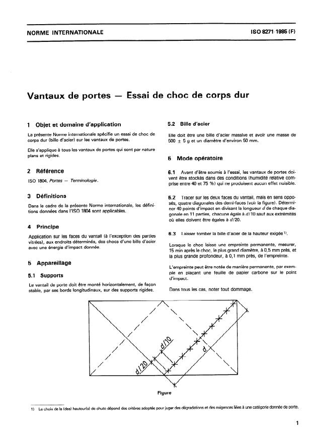 ISO 8271:1985 - Vantaux de portes -- Essai de choc de corps dur