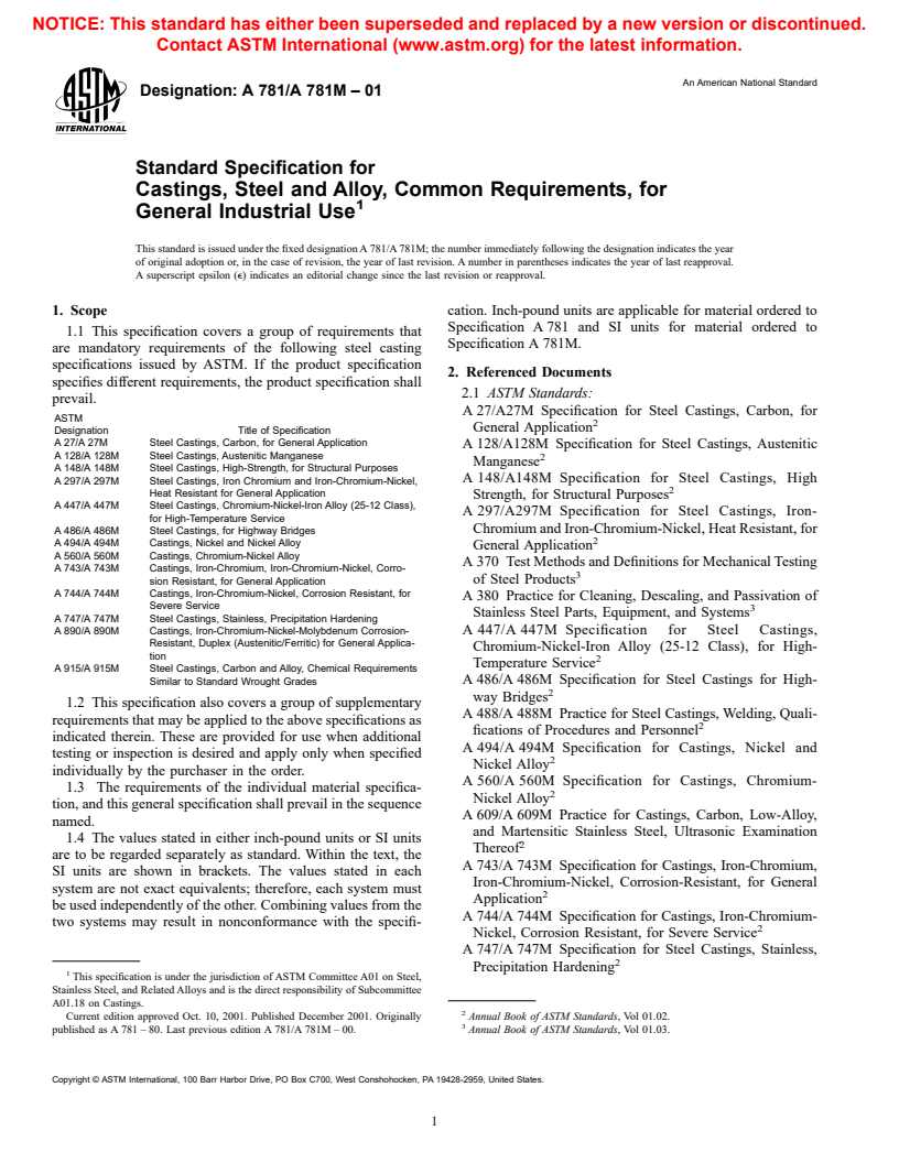 ASTM A781/A781M-01 - Standard Specification for Castings, Steel and Alloy, Common Requirements, for General Industrial Use