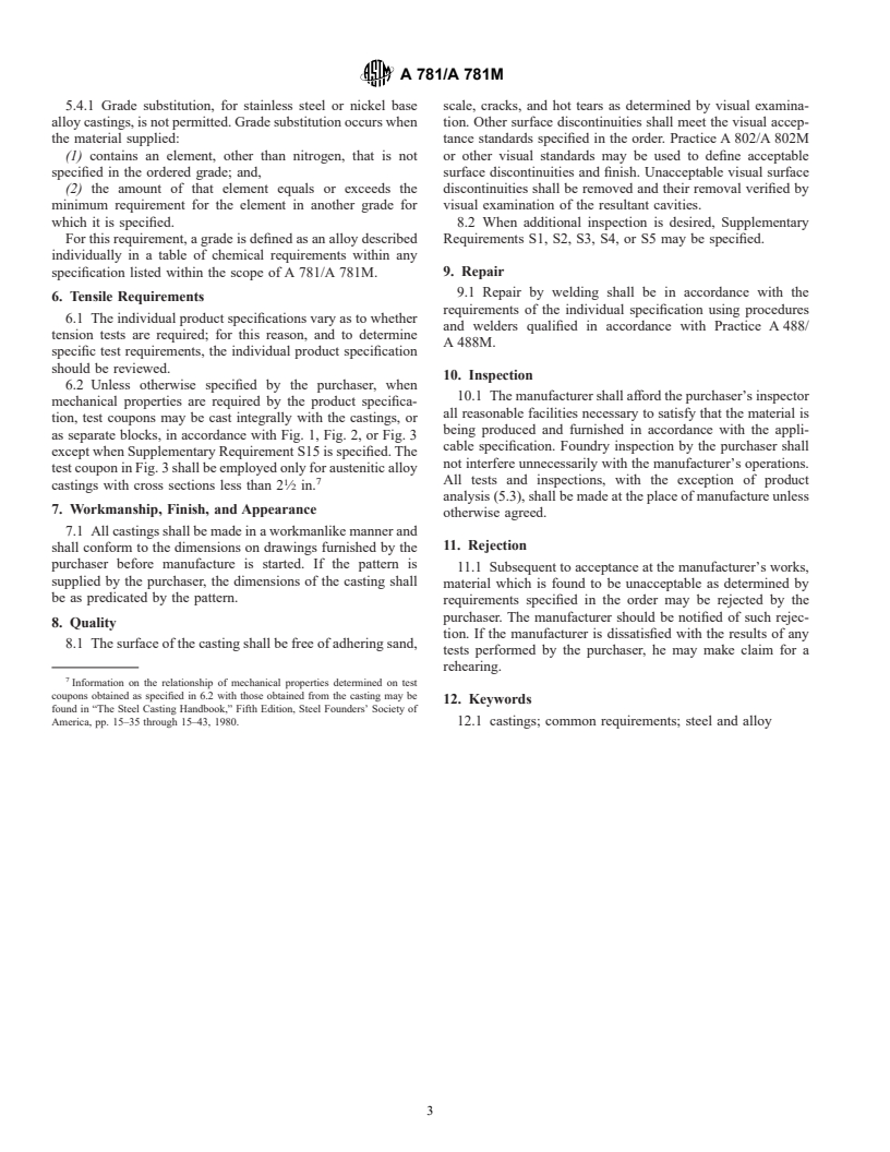 ASTM A781/A781M-01 - Standard Specification for Castings, Steel and Alloy, Common Requirements, for General Industrial Use