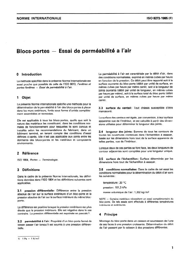 ISO 8272:1985 - Blocs-portes -- Essai de perméabilité a l'air