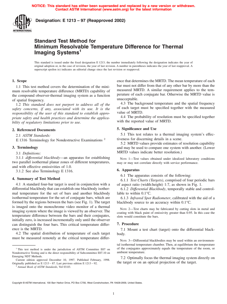 ASTM E1213-97(2002) - Standard Test Method for Minimum Resolvable Temperature Difference for Thermal Imaging Systems