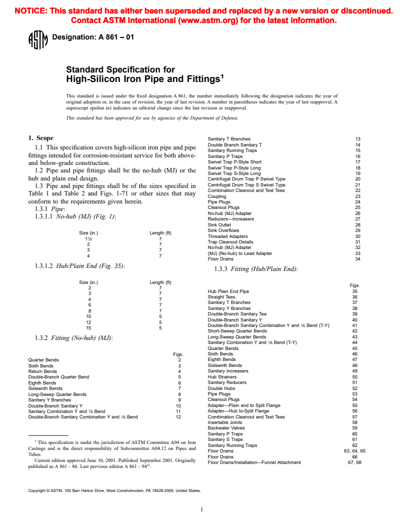 ASTM A861-01 - Standard Specification for High-Silicon Iron Pipe and Fittings