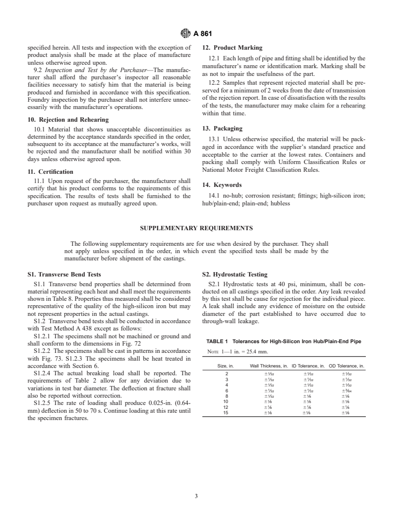 ASTM A861-01 - Standard Specification for High-Silicon Iron Pipe and Fittings