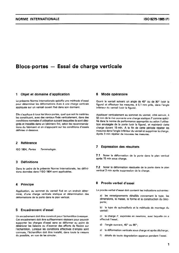 ISO 8275:1985 - Blocs-portes -- Essai de charge verticale