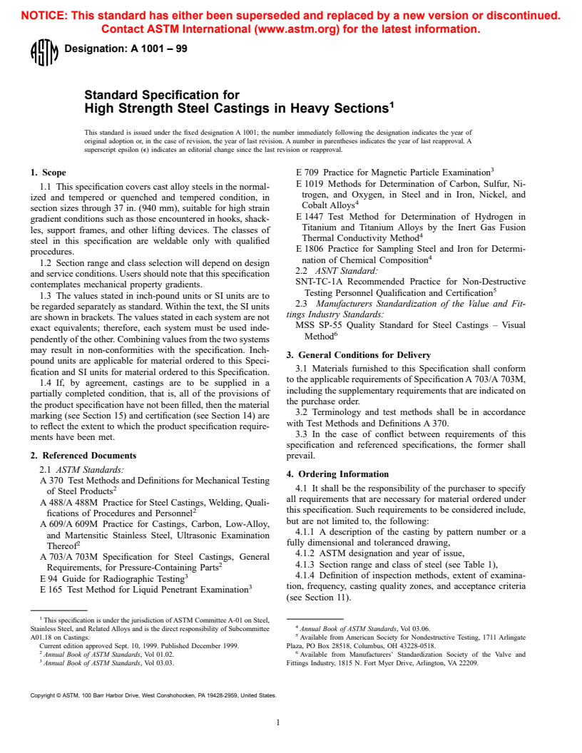 ASTM A1001-99 - Standard Specification for High Strength Steel Castings in Heavy Sections