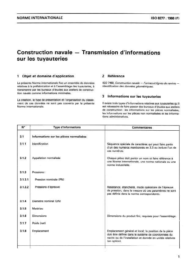 ISO 8277:1988 - Construction navale -- Transmission d'informations sur les tuyauteries