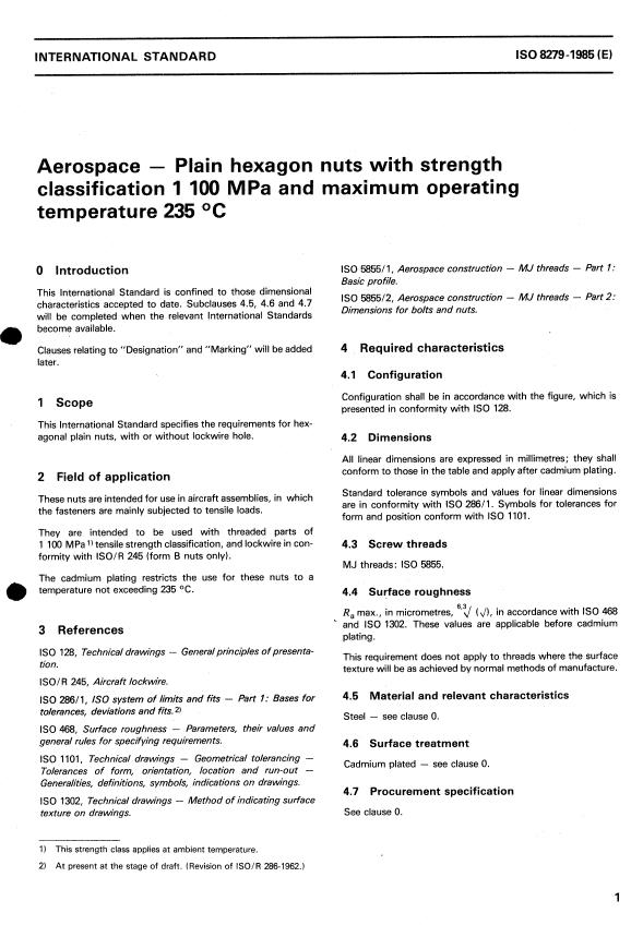 ISO 8279:1985 - Aerospace -- Plain hexagon nuts with strength classification 1 100 MPa and maximum operating temperature 235 degrees C