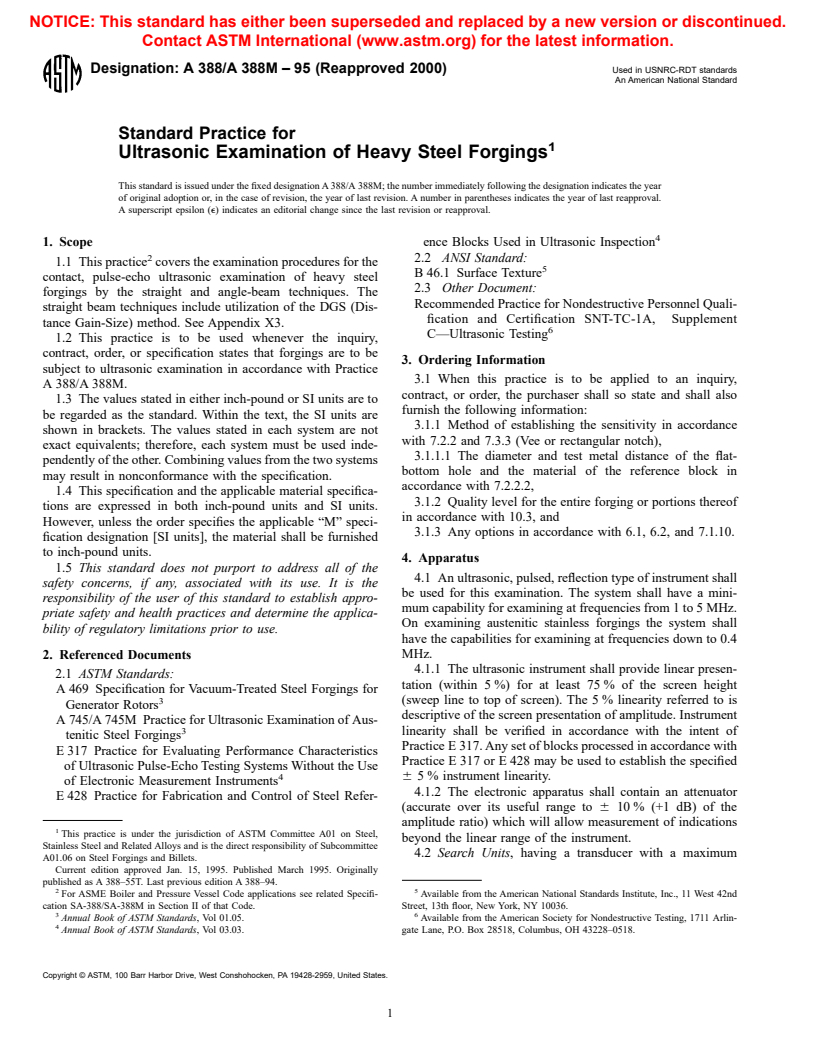 ASTM A388/A388M-95(2000) - Standard Practice for Ultrasonic Examination of Heavy Steel Forgings