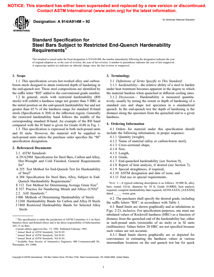 ASTM A914/A914M-92 - Standard Specification for Steel Bars Subject to Restricted End-Quench Hardenability Requirements