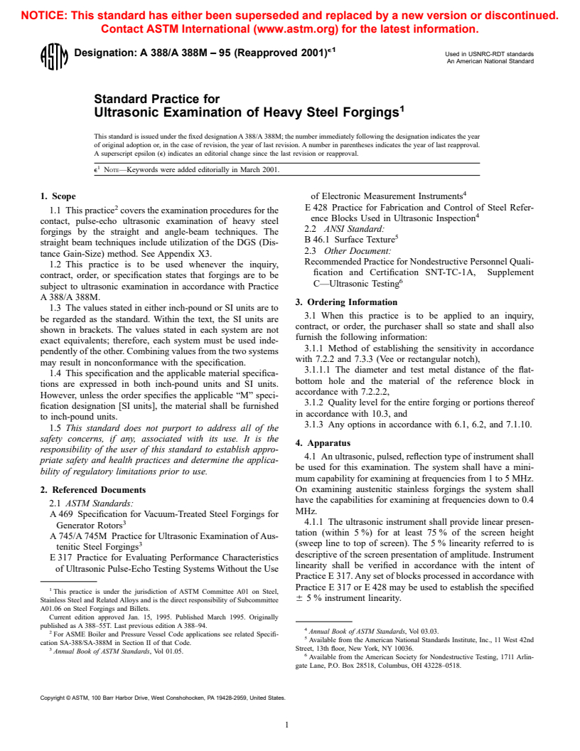 ASTM A388/A388M-95(2001)e1 - Standard Practice for Ultrasonic Examination of Heavy Steel Forgings