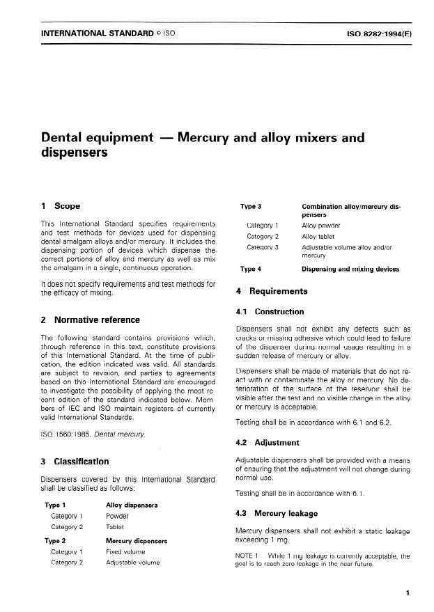 ISO 8282:1994 - Dental equipment -- Mercury and alloy mixers and dispensers