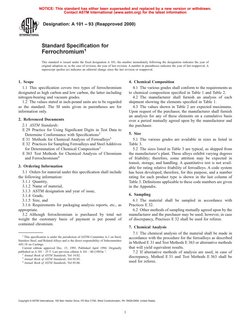 ASTM A101-93(2000) - Standard Specification for Ferrochromium