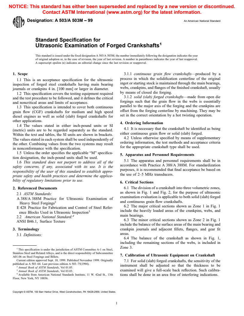 ASTM A503/A503M-99 - Standard Specification for Ultrasonic Examination of Forged Crankshafts