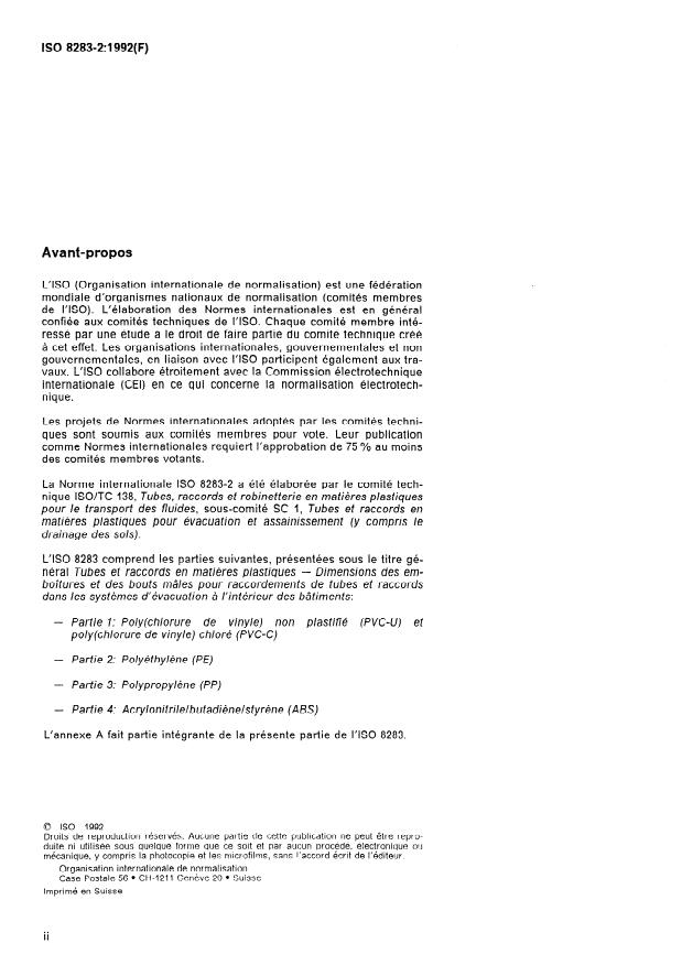 ISO 8283-2:1992 ISO 8283-2:1992 - Tubes et raccords en matieres plastiques -- Dimensions des emboîtures et des bouts mâles pour raccordement de tubes et raccords dans les systemes d'évacuation a l'intérieur des bâtiments - Page 2 preview