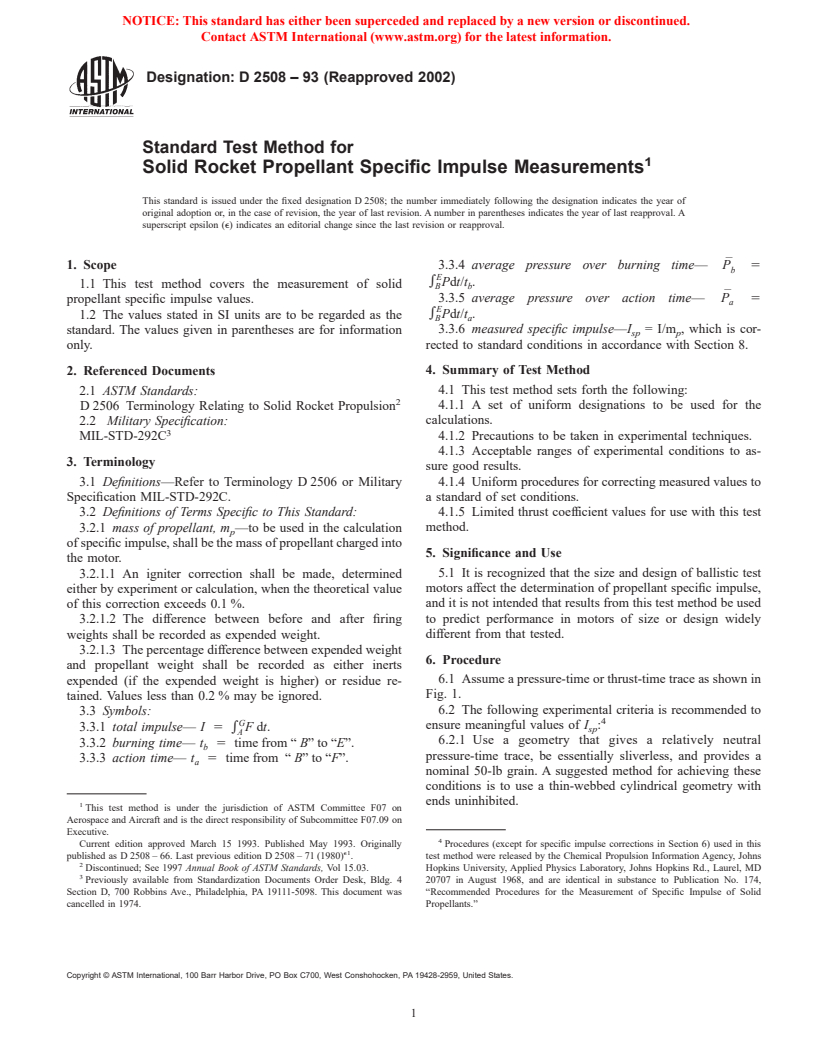 ASTM D2508-93(2002) - Standard Test Method for Solid Rocket Propellant Specific Impulse Measurements (Withdrawn 2003)