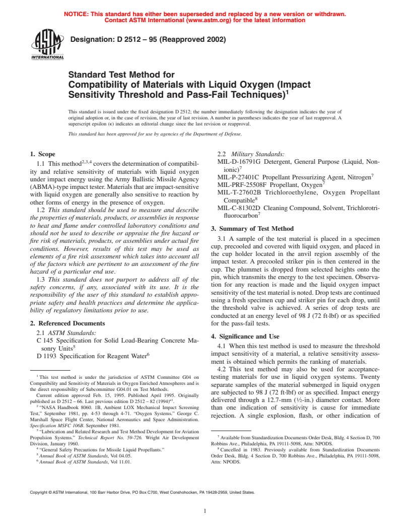 ASTM D2512-95(2002) - Standard Test Method for Compatibility of Materials with Liquid Oxygen (Impact Sensitivity Threshold and Pass-Fail Techniques)