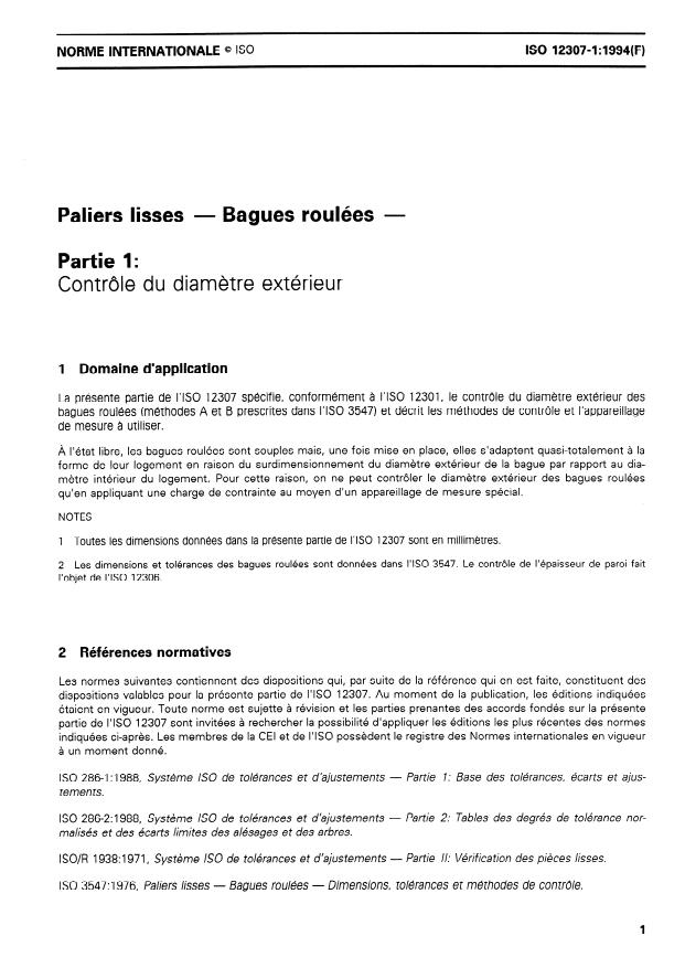 ISO 12307-1:1994 - Paliers lisses -- Bagues roulées