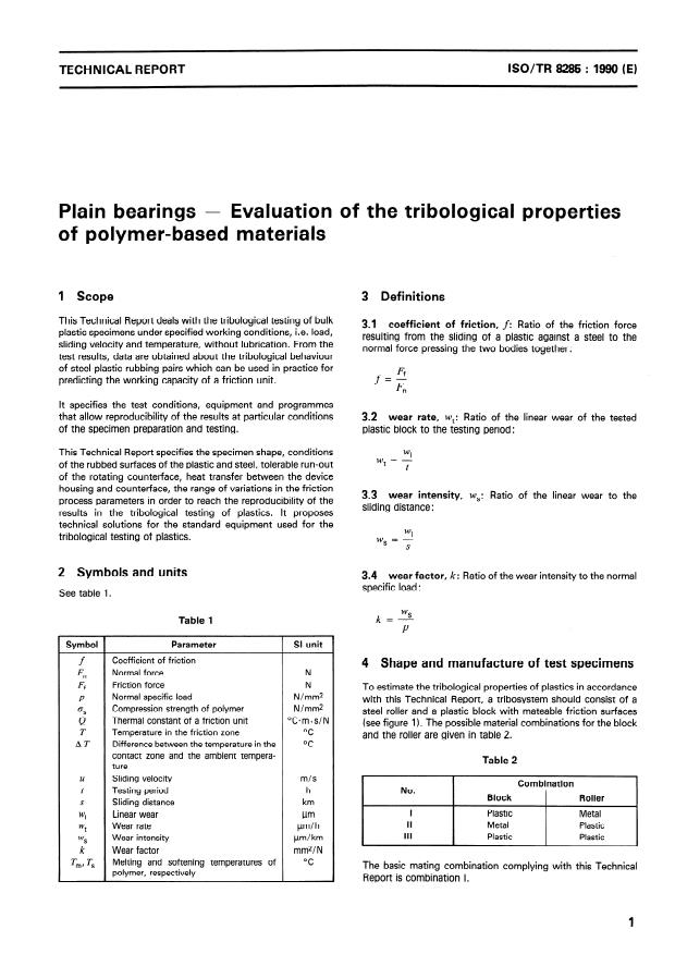 ISO/TR 8285:1990 - Plain bearings -- Evaluation of the tribological properties of polymer-based materials