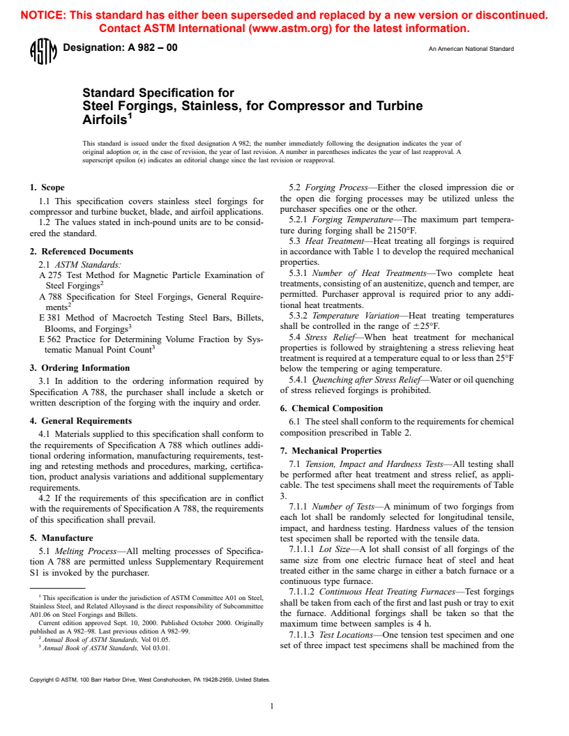 ASTM A982-00 - Standard Specification for Steel Forgings, Stainless, for Compressor and Turbine Airfoils