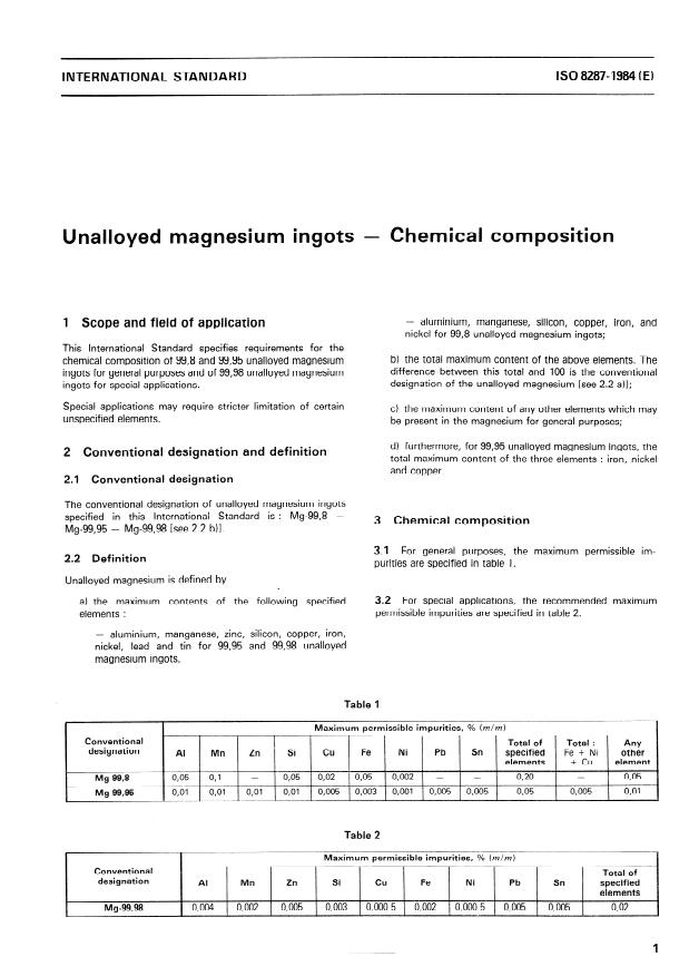 ISO 8287:1984 - Unalloyed magnesium ingots -- Chemical composition
