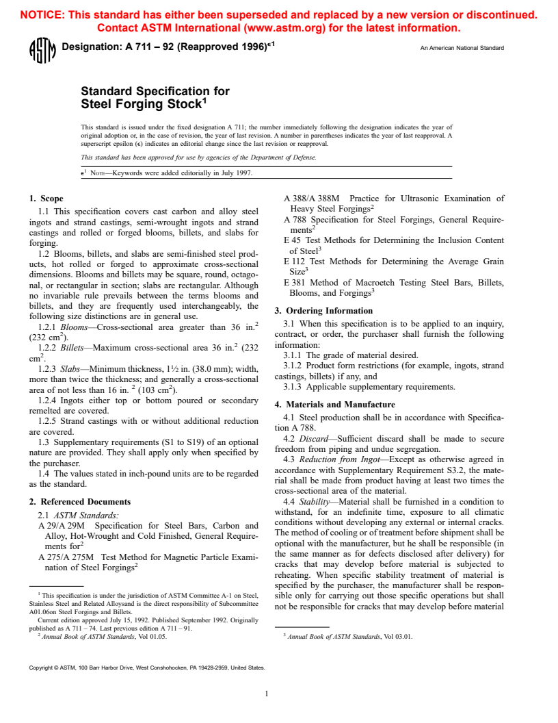 ASTM A711-92(1996)e1 - Standard Specification for Steel Forging Stock