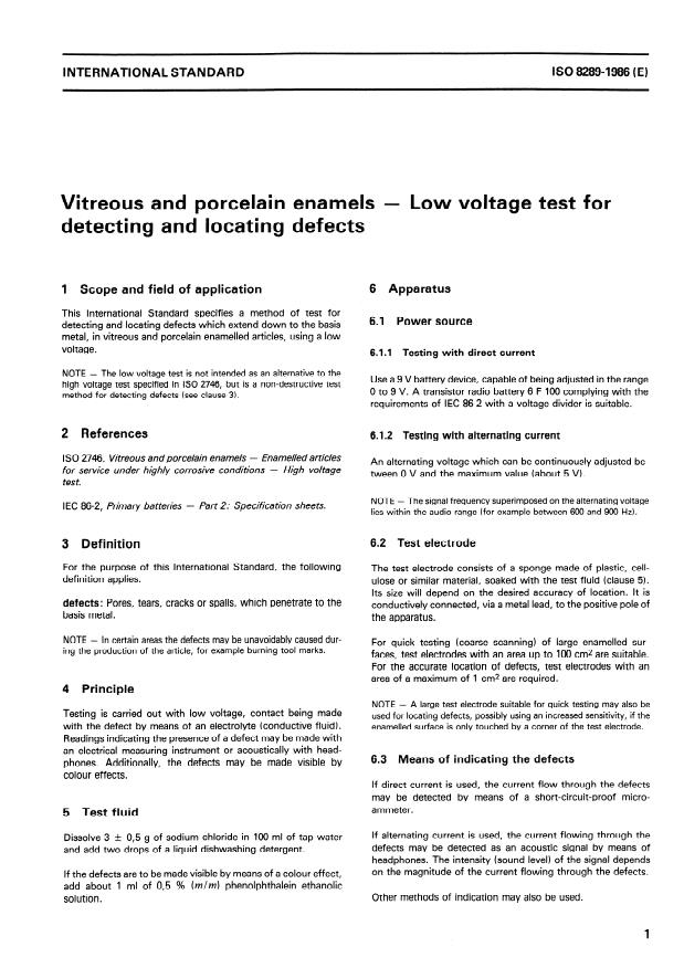 ISO 8289:1986 - Vitreous and porcelain enamels -- Low voltage test for detecting and locating defects