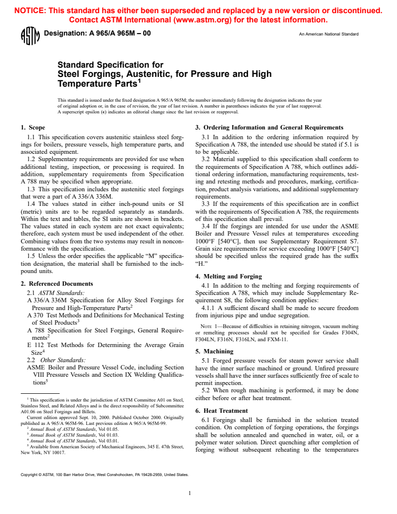 ASTM A965/A965M-00 - Standard Specification for Steel Forgings, Austenitic, for Pressure and High Temperature Parts