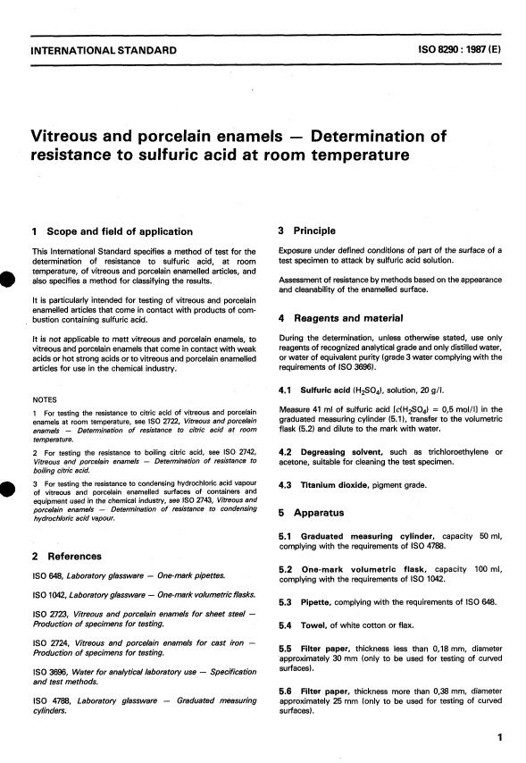 ISO 8290:1987 - Vitreous and porcelain enamels -- Determination of resistance to sulfuric acid at room temperature