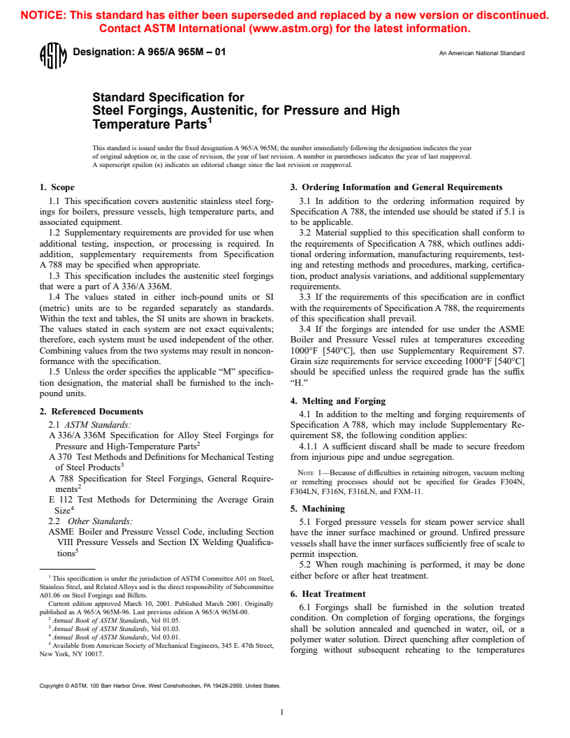 ASTM A965/A965M-01 - Standard Specification for Steel Forgings, Austenitic, for Pressure and High Temperature Parts