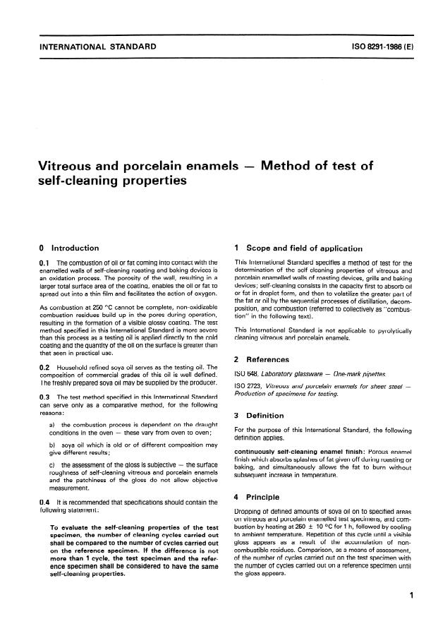 ISO 8291:1986 - Vitreous and porcelain enamels -- Method of test of self-cleaning properties