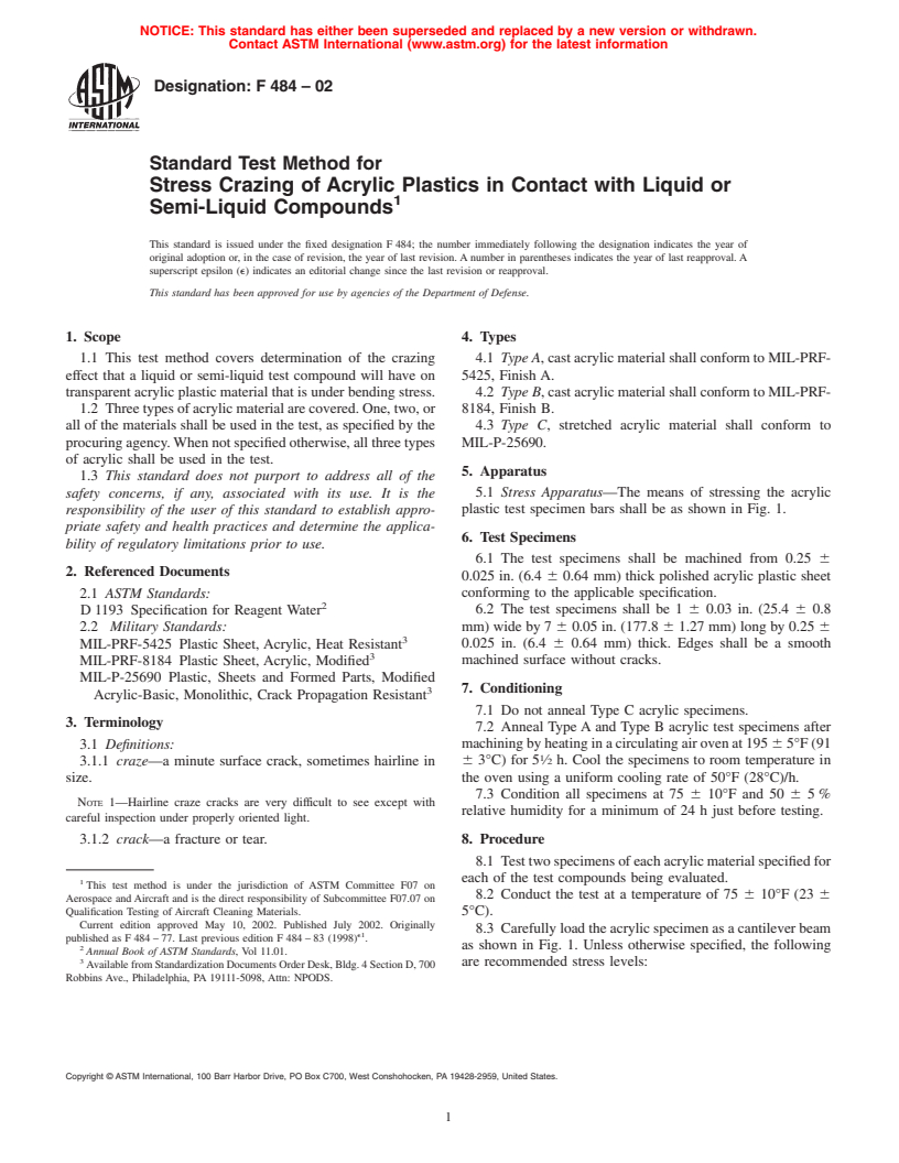 ASTM F484-02 - Standard Test Method for Stress Crazing of Acrylic Plastics in Contact with Liquid or Semi-Liquid Compounds