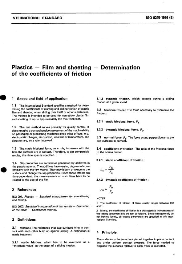 ISO 8295:1986 - Plastics -- Film and sheeting -- Determination of the coefficients of friction