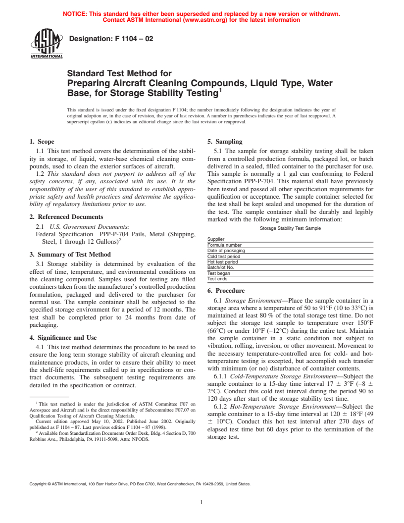 ASTM F1104-02 - Standard Test Method for Preparing Aircraft Cleaning Compounds, Liquid Type, Water Base, for Storage Stability Testing