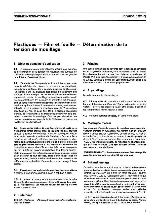 ISO 8296:1987 - Plastiques -- Film et feuille -- Détermination de la tension de mouillage