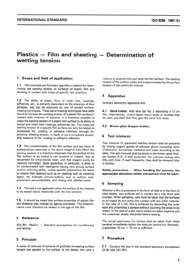 ISO 8296:1987 - Plastics -- Film and sheeting -- Determination of wetting tension