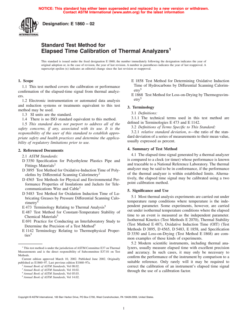 ASTM E1860-02 - Standard Test Method for Elapsed Time Calibration Thermal Analyzers