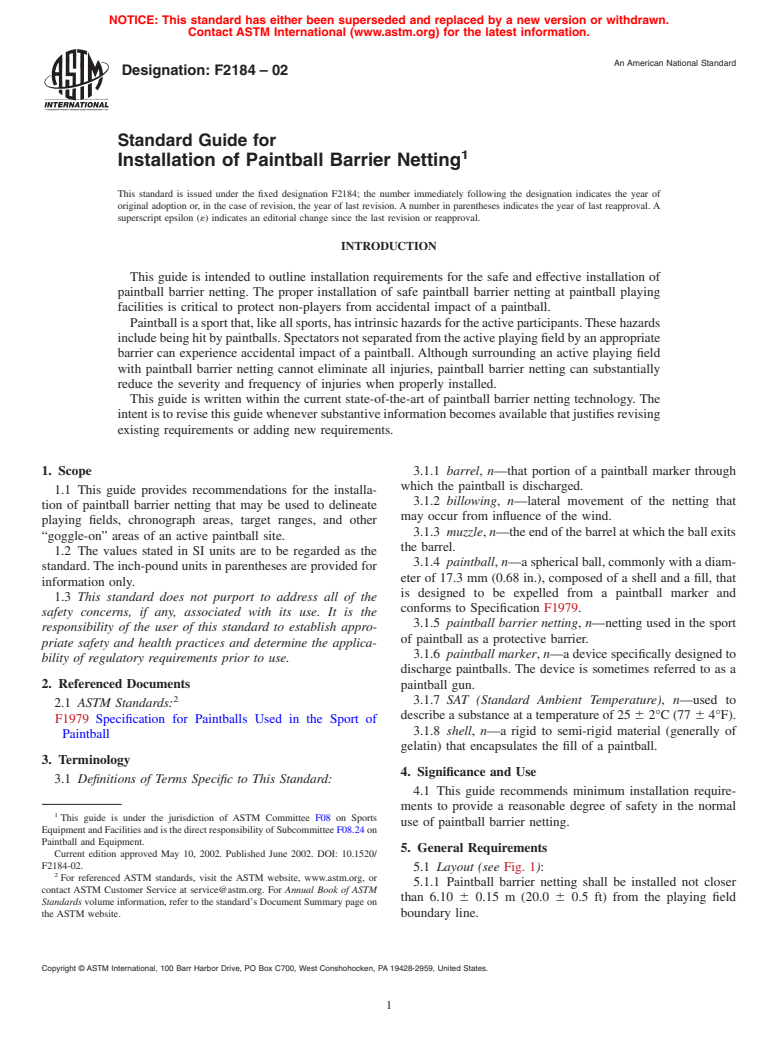 ASTM F2184-02 - Standard Guide for Installation of Paintball Barrier Netting