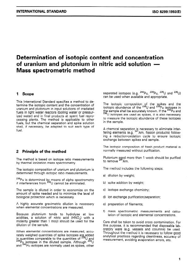 ISO 8299:1993 - Determination of isotopic content and concentration of uranium and plutonium in nitric acid solution -- Mass spectrometric method