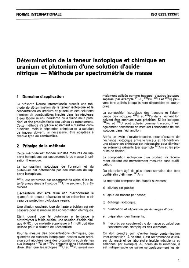 ISO 8299:1993 - Détermination de la teneur isotopique et chimique en uranium et plutonium d'une solution d'acide nitrique -- Méthode par spectrométrie de masse