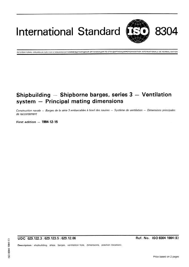 ISO 8304:1984 - Shipbuilding -- Shipborne barges, series 3 -- Ventilation system -- Principal mating dimensions