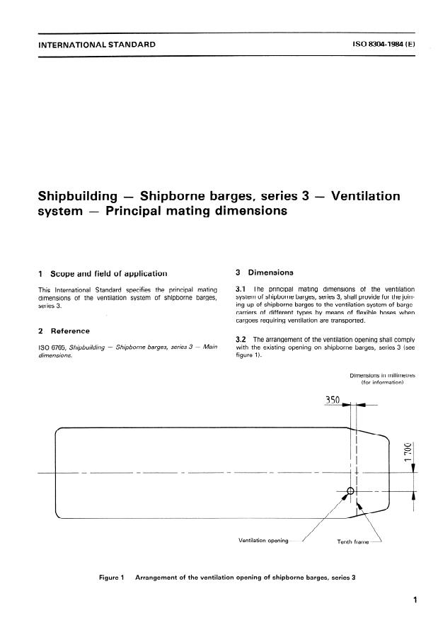 ISO 8304:1984 - Shipbuilding -- Shipborne barges, series 3 -- Ventilation system -- Principal mating dimensions