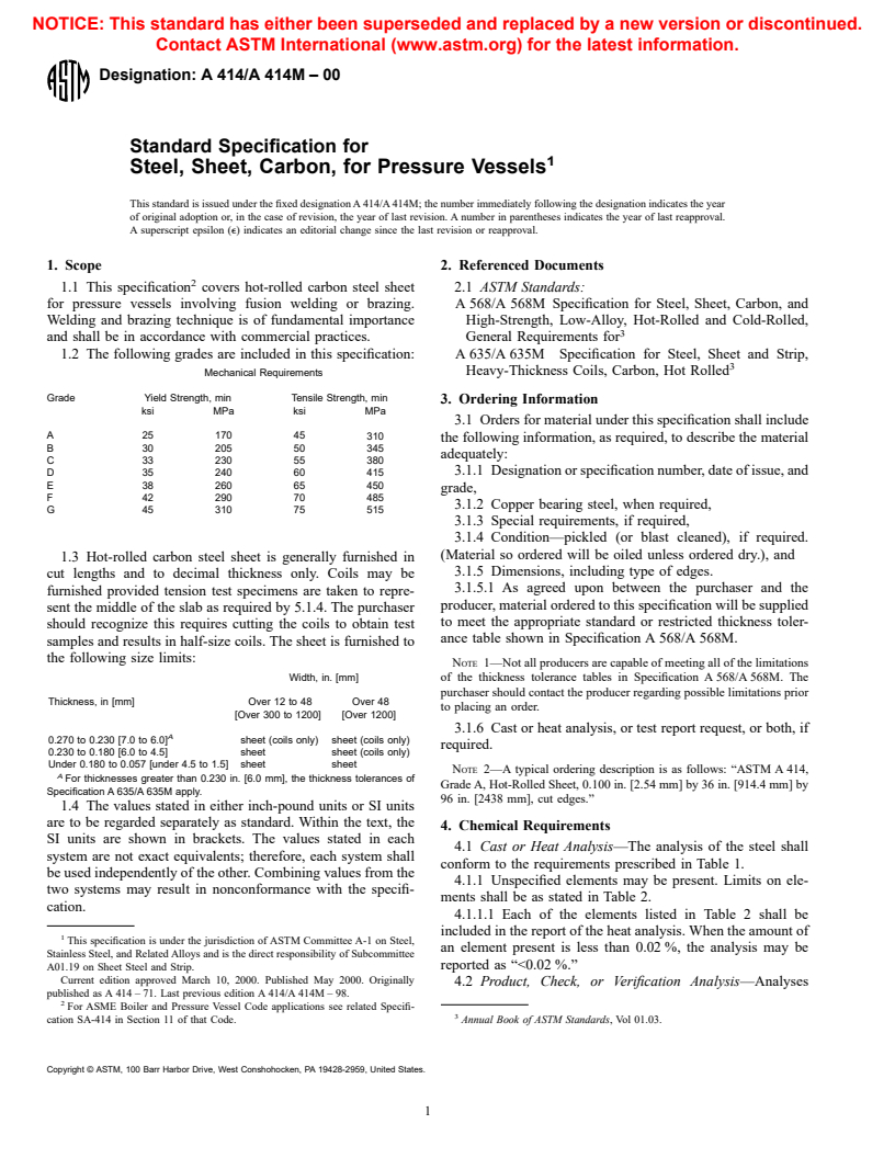 ASTM A414/A414M-00 - Standard Specification for Steel, Sheet, Carbon, for Pressure Vessels