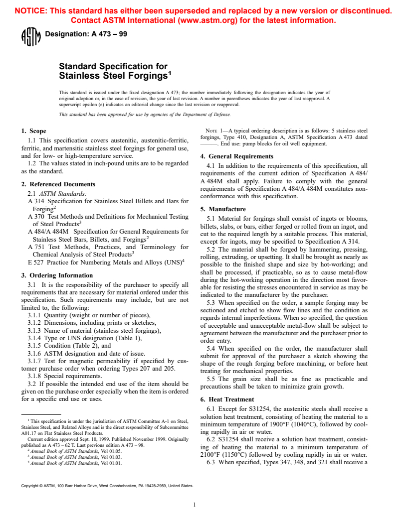 ASTM A473-99 - Standard Specification for Stainless Steel Forgings