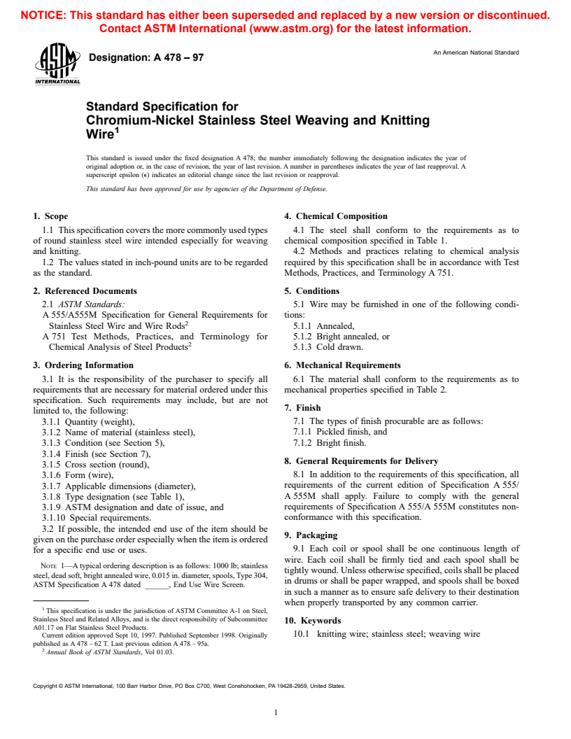 ASTM A478-97 - Standard Specification for Chromium-Nickel Stainless Steel Weaving and Knitting Wire