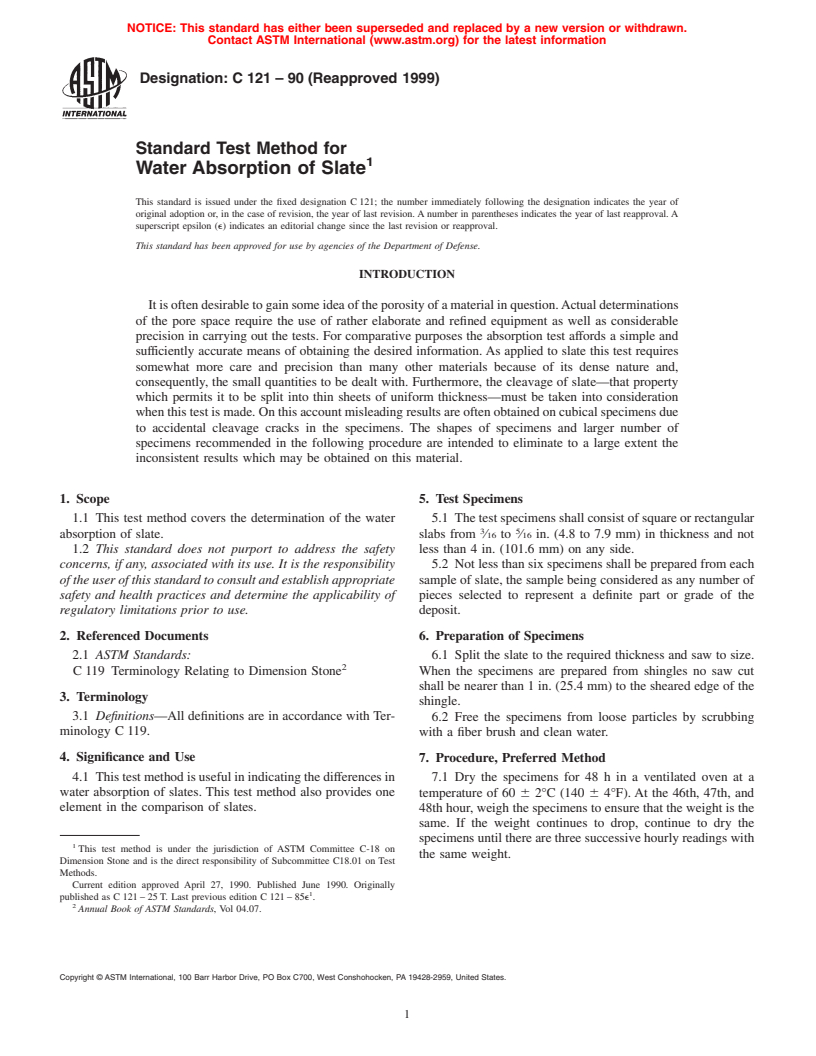 ASTM C121-90(1999) - Standard Test Method for Water Absorption of Slate